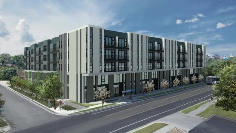 Rendering of a contemporary five-story apartment building at intersection of two streets. The first story has overhanging, blocky awnings, and small trees line the sidewalks.