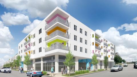Rendering of a new four-story contemporary style apartment complex with minimalist white exterior walls and window openings and large corner balconies with roofs painted in bright colors.