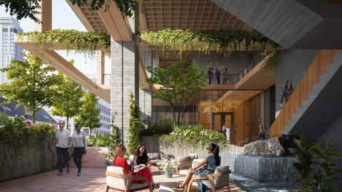Rendering of a sunken garden in bottom of a high rise open to street with people seated in modern armchairs around a low table.
