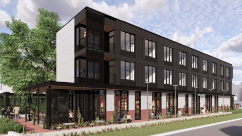 Rendering of a fairly narrow, three story building with apartments on top and retail on the bottom.