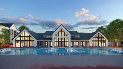 Rendering of a large apartment complex clubhouse with three wings with peaked roofs and window walls looking over a swimming pool.
