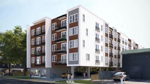 Rendering of a five-story contemporary new apartment building.