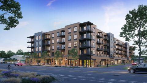 Rendering of a five-story new condo building with curved balconies cantilevered on corners and retail on the ground floor.