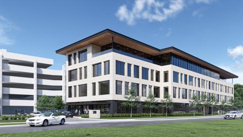 Rendering of a five-story, contemporary office building.