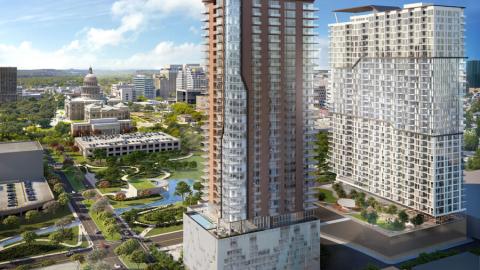 Rendering of two tall contemporary towers with the Texas Capitol building in the distance behind them.
