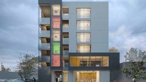 Rendering of a six-story contemporary apartment building.