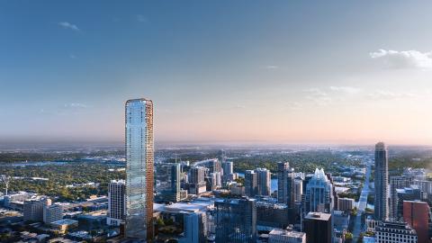Rendering of tall downtown buildings clustered together with a narrow contemporary glass one rising above the others.