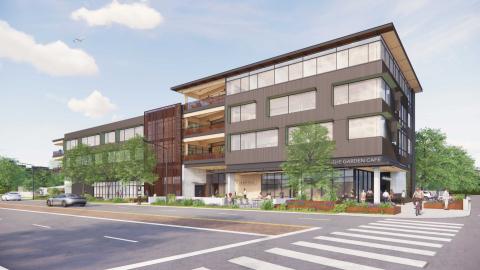 Architectural rendering of a four-story contemporary building facing an empty street and a crosswalk.