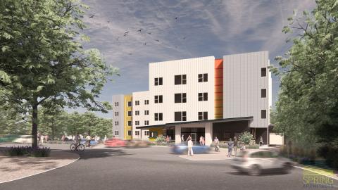Rendering of a simple, blockish, four-story apartment building with parking underneath.