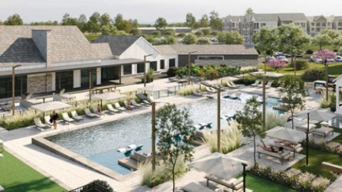 Rendering of a large rectangular swimming pool and clubhouse surrounded by cabanas and chairs with a group of mid-rise residential buildings it the background.