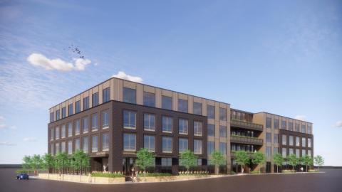 Rendering of a four-story contemporary building lined by small trees with an empty sky and ground in background.
