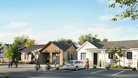 Rendering of a row of small, one-story, ranch-style and conventional houses in front of a parking lot with one car and people hanging out.