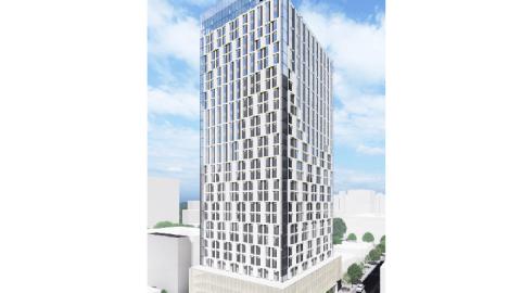 Rendering of a 30-story contemporary tower with stylized windows in a concrete facade, a parking podium, and a covered rooftop.