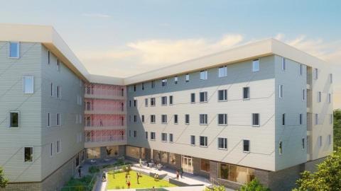 Rendering of a mid-rise apartment complex with two connected buildings overlooking an open coutyard.