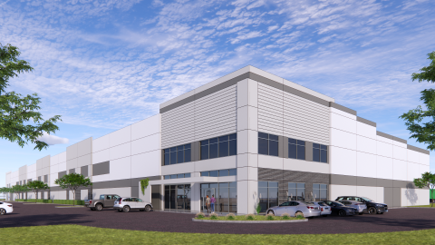 Rendering of a standard contemporary warehouse building with a parking lot surrounding it.