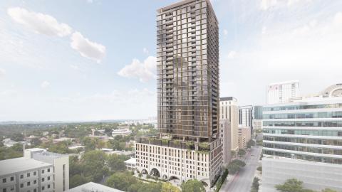 Rendering of a tall, copper-colored building atop a lighter-colored six-story parking podium surrounded by mid-height buildings.