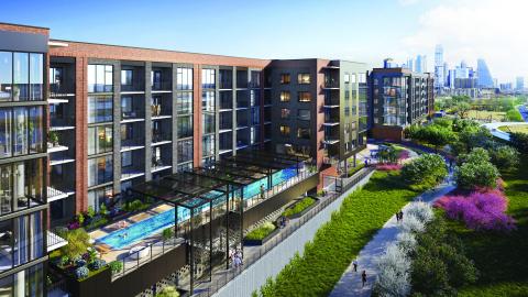 Rendering of a six-story contemporary condo complex overlooking a pool and a bike trail with the skyscrapers of downtown Austin clumped in the distance