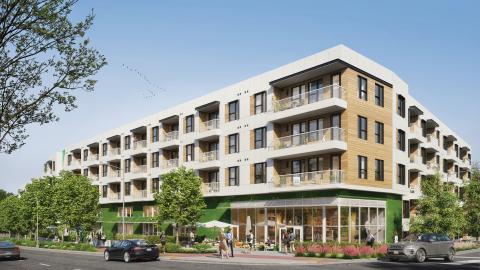 Rendering of a five-story contemporary condo complex with resident balconies and ground-floor retail.