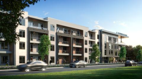 Rendering of a four-story modern-conventional apartment complex with a flat roof and alternating enclosed stairwells and balconies.