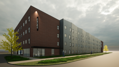 Rendering of a long rectangular, four-story building; both ends of the building has a red brick facade. The middle of the building’s exterior gray.