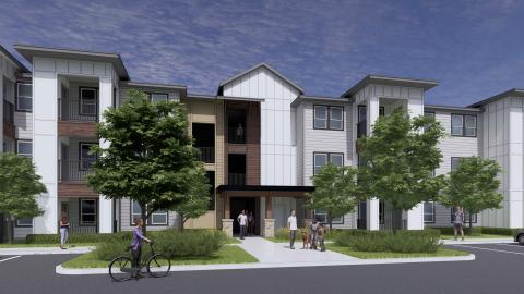 Rendering of a generic-traditional, three-story apartment complex.