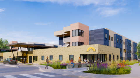 rendering of a 3-story apartment complex with a large one-story front lobby and partially covered parking lot.