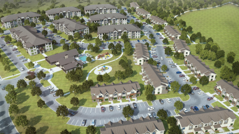 A rendering depicting an aerial view of a very large apartment complex with several two-story buildings and parking lots spread over grassy lawns.